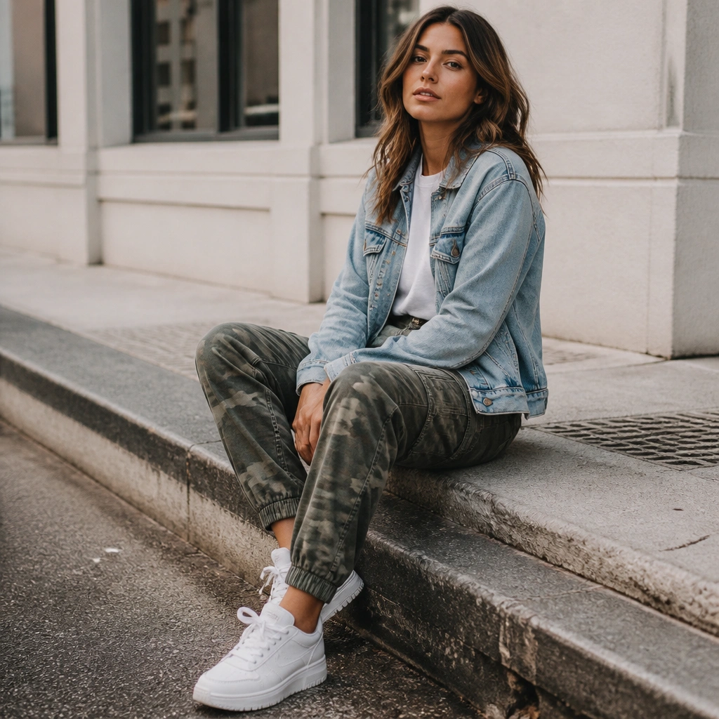 Olive camo pants with a light wash denim jacket, white sneakers, and a simple white tee underneath; the shot looks like weekend street style.