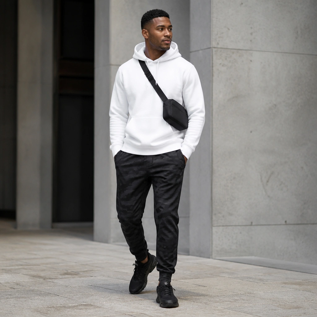 Black camo pants with a white hoodie, black running shoes, and a small black crossbody bag; the image shows a sporty, on-the-go setup.