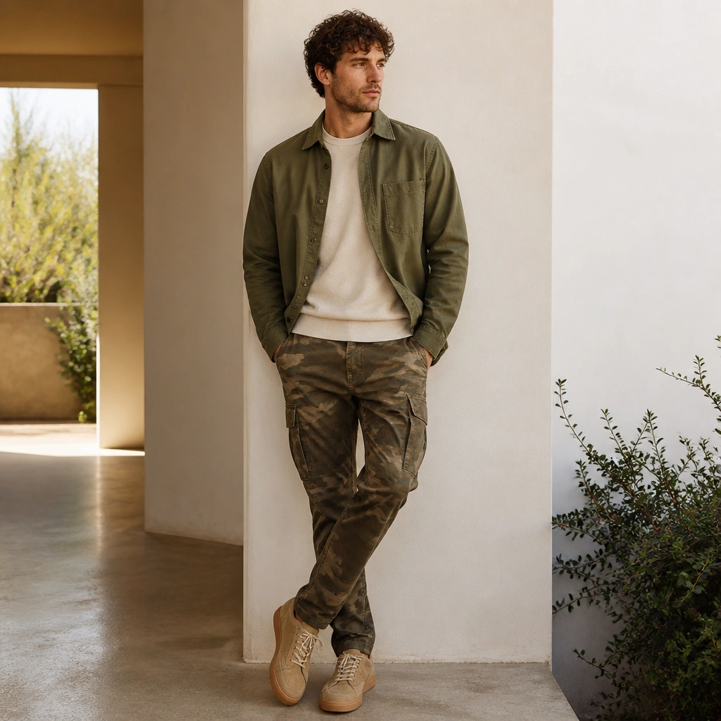 Camo pants paired with an olive overshirt layered over a cream sweater tee, finished with tan sneakers; the photo shows soft natural lighting.