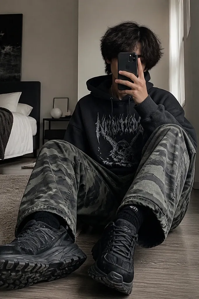 A mirror-style shot of green-gray camo pants paired with black chunky sneakers. The sneakers have thick soles and visible tread, with a dark graphic hoodie and black socks.