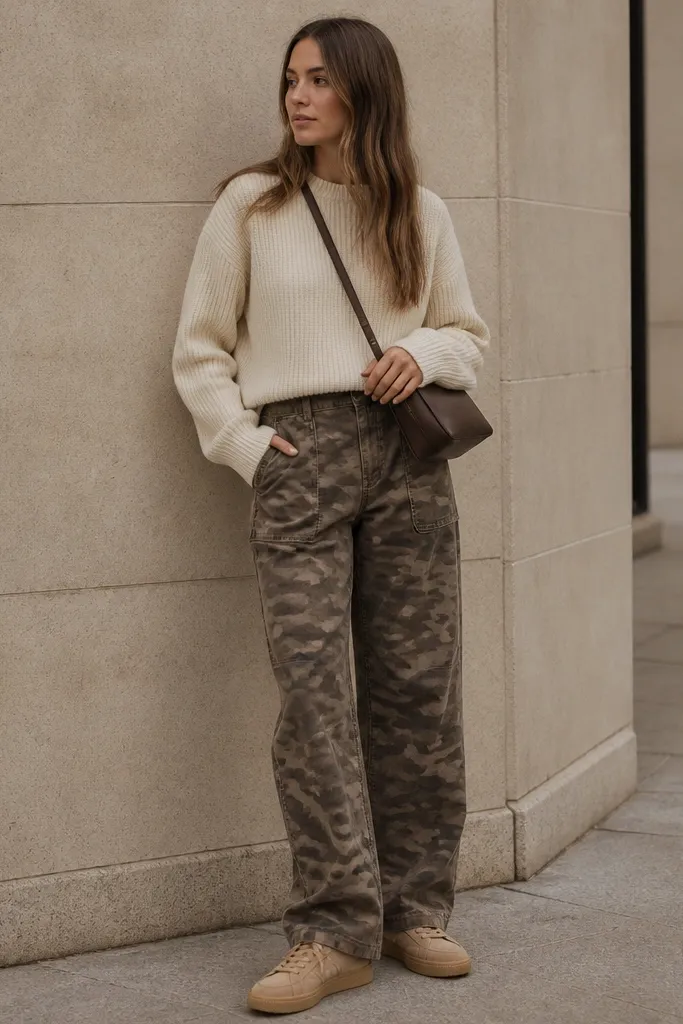Brown camo pants styled with tan suede sneakers that show a suede texture and tonal laces. The outfit includes a cream knit sweater and a simple crossbody bag.