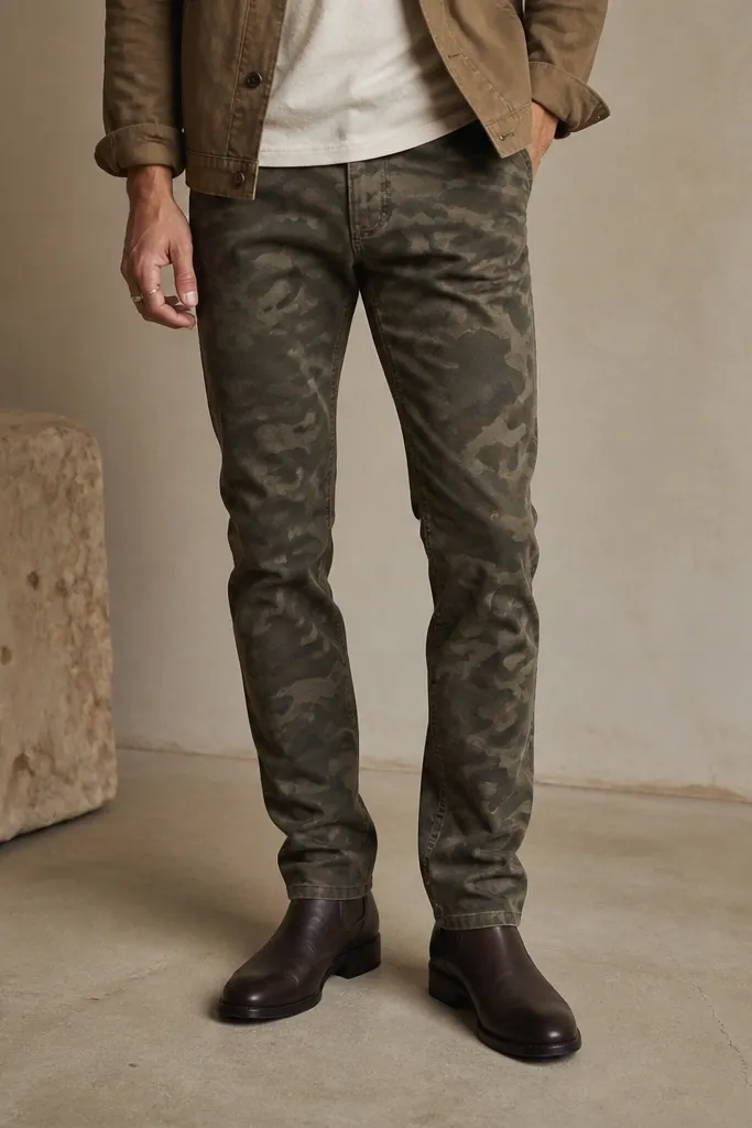 A cropped outfit showing slim camo pants with a slight break at the ankle, worn with low leather boots. The boots are dark brown with a clean, minimal toe and stacked heel.