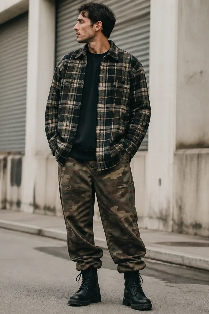 A street-style photo of relaxed-fit camo pants gathered slightly over rugged lace-up boots. The boots are black with thick laces and a pronounced lug sole, paired with a plaid overshirt.