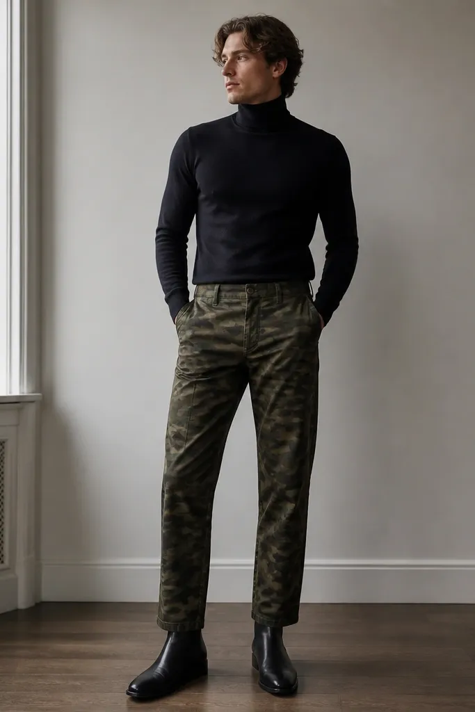 An outfit photo with straight-leg camo pants and sleek Chelsea boots. The boots are black with elastic side panels and a slim silhouette, paired with a fitted turtleneck.