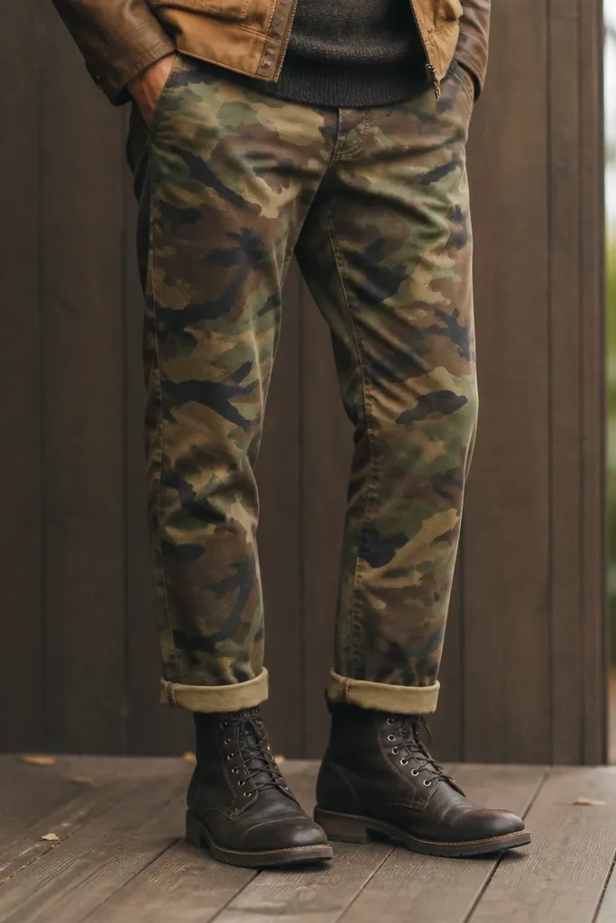 A close-to-mid shot where camo pants are cuffed neatly and end above the top of mid-height boots. The boots are dark and the cuff shows a crisp folded edge.