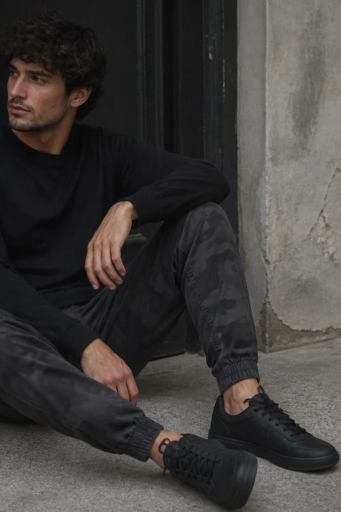 A monochrome outfit featuring camo pants with darker tones and black sneakers with tonal laces. The top is also black, and the overall look stays within one color family.