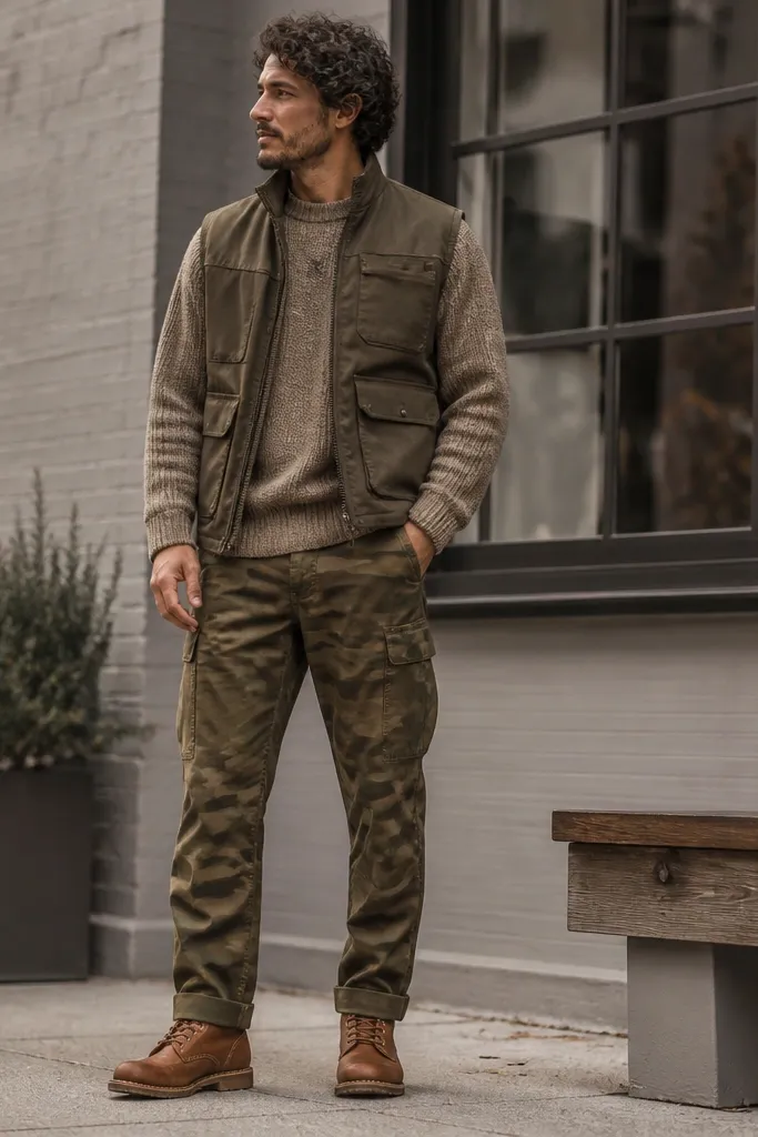 An outdoor-inspired street photo showing olive camo pants with tan leather boots. The boots have rounded toes and visible stitching, paired with a utility vest and earth-tone knit.
