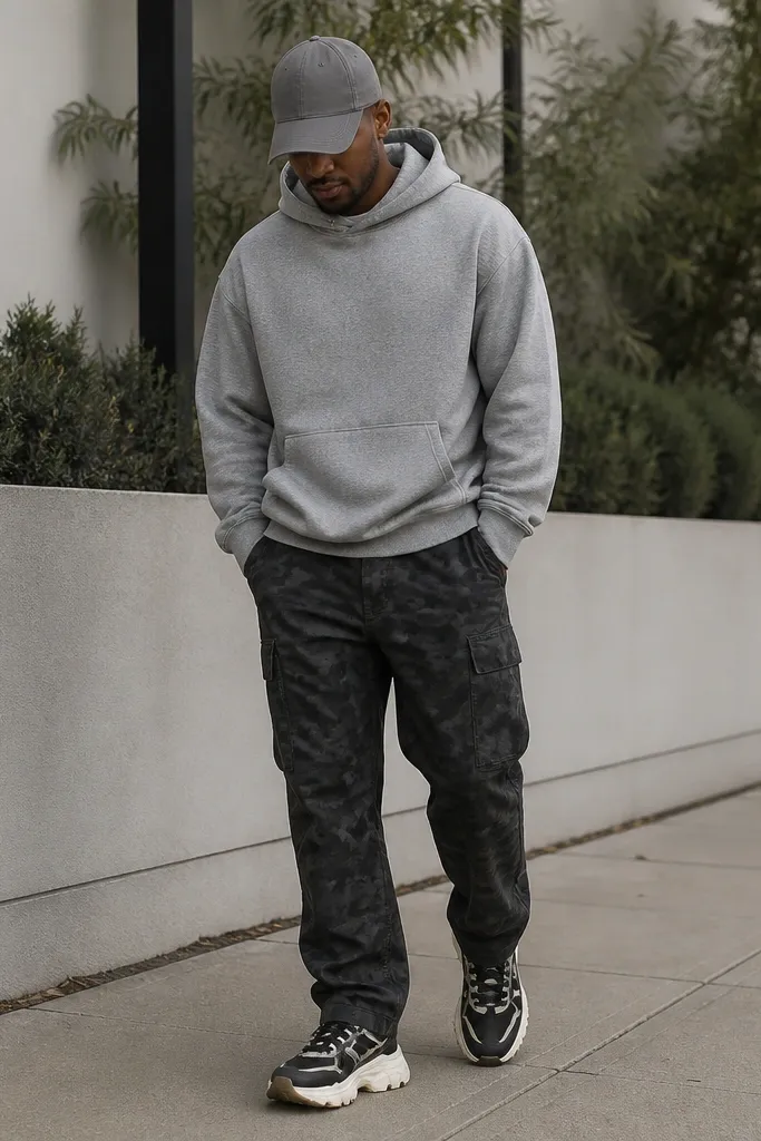Black camo pants paired with a heather gray hoodie, black-and-white chunky sneakers, and a muted gray cap; the outfit is photographed outdoors on a sidewalk.