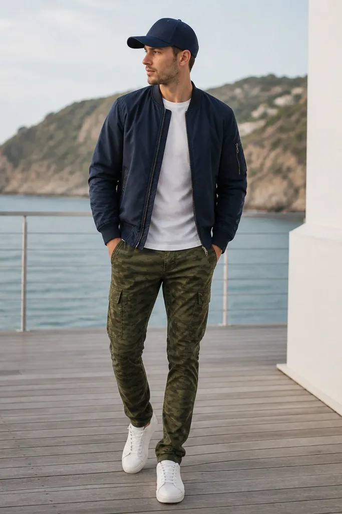Green camo pants with a navy bomber jacket, a white t-shirt underneath, and clean white sneakers; the person is wearing a navy baseball cap for a sporty finish.