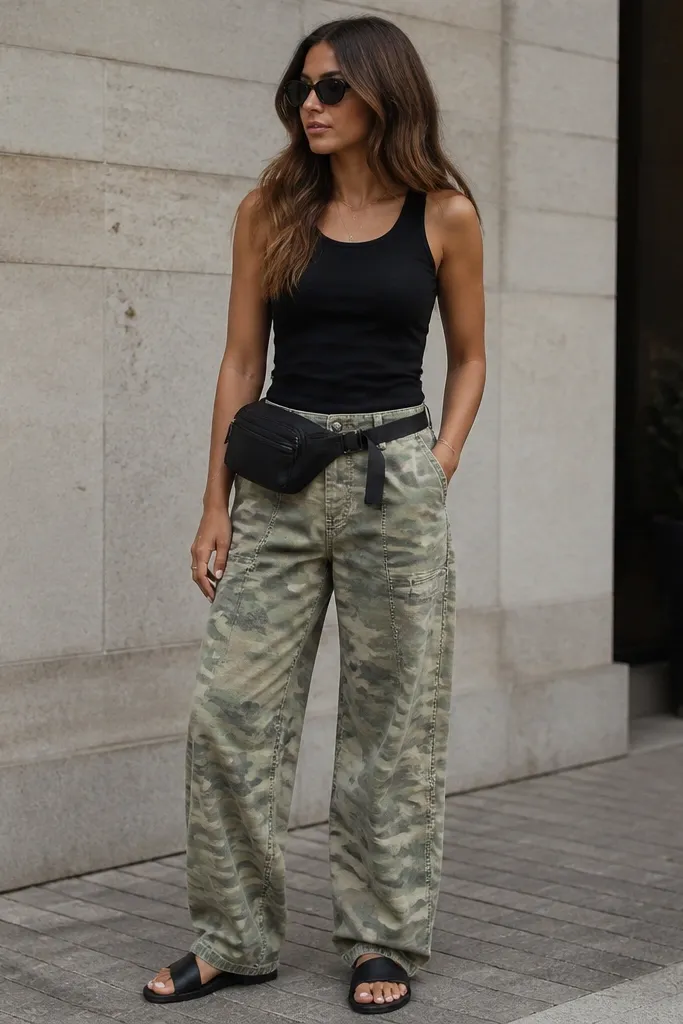 Light green camo pants with a fitted black tank, a black leather belt bag across the waist, and minimal black slide sandals; the outfit is photographed in daylight.