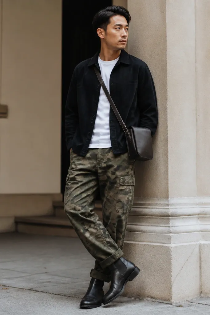 Olive camo pants paired with a black button-down worn open over a plain white tee; black Chelsea boots and a dark leather crossbody bag complete the look.