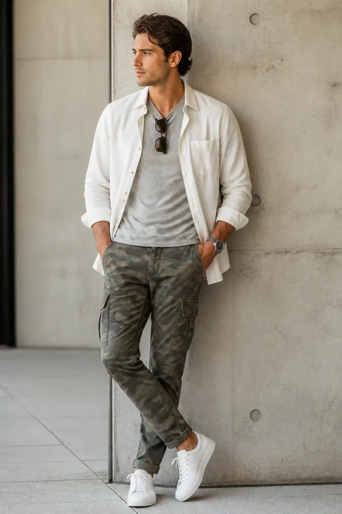 Camo pants with a white overshirt layered over a gray t-shirt and low-profile white sneakers; a watch and simple sunglasses sit at the neckline and wrist.