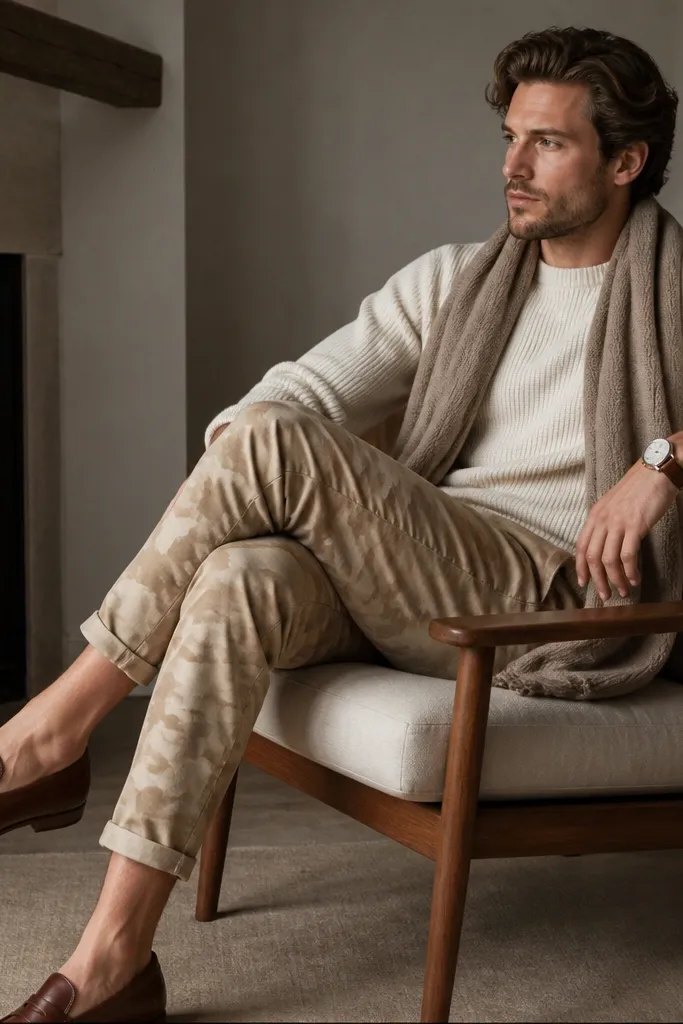 Tan camo pants styled with a cream knit sweater and brown leather loafers; a neutral scarf is loosely draped and a simple leather watch is visible.