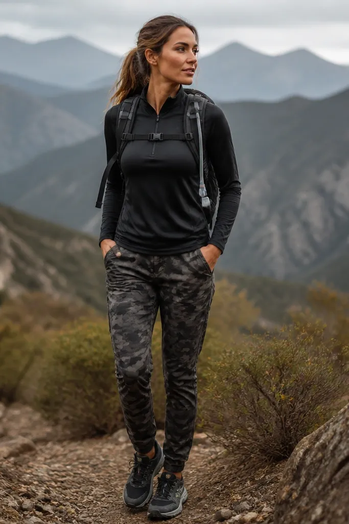 Camo pants paired with a monochrome athletic top (black or charcoal) and matching jogger-like fit; trail runner shoes in black/gray and a small hydration-style backpack appear.