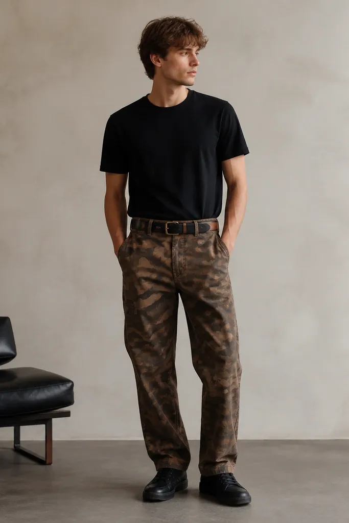 Brown camo pants with a plain black crewneck T-shirt, a belt with both black and cognac tones, and dark sneakers. The waistband and belt loops are visible, showing a clean, centered tuck.