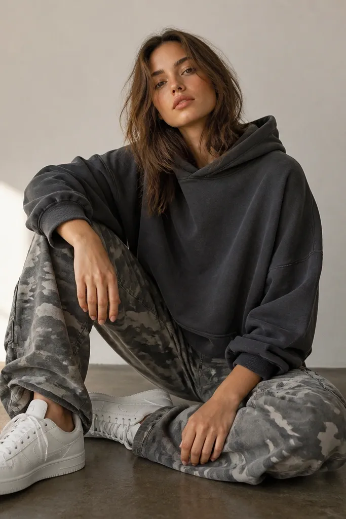 Gray camo pants paired with a washed charcoal hoodie, sleeves slightly cuffed, and white low-top sneakers. The hoodie is slightly cropped at the waist with a relaxed fit.