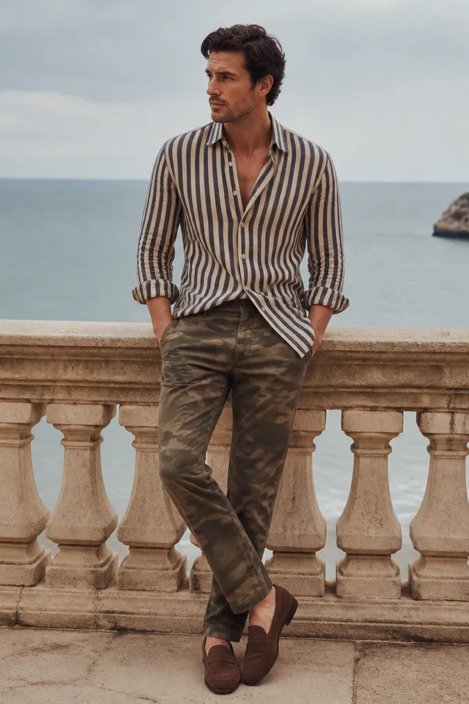 Camo pants with a muted navy-and-cream striped button-up shirt, top button open, sleeves rolled once. The shirt is half-tucked and paired with brown suede loafers.