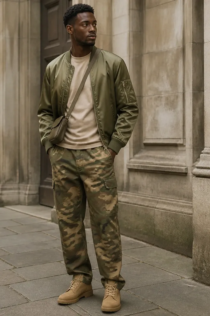 Camo pants with an olive satin bomber jacket worn open over a plain beige tee. Tan boots and a crossbody bag are visible; the outfit shows a clean vertical line from jacket to shoes.