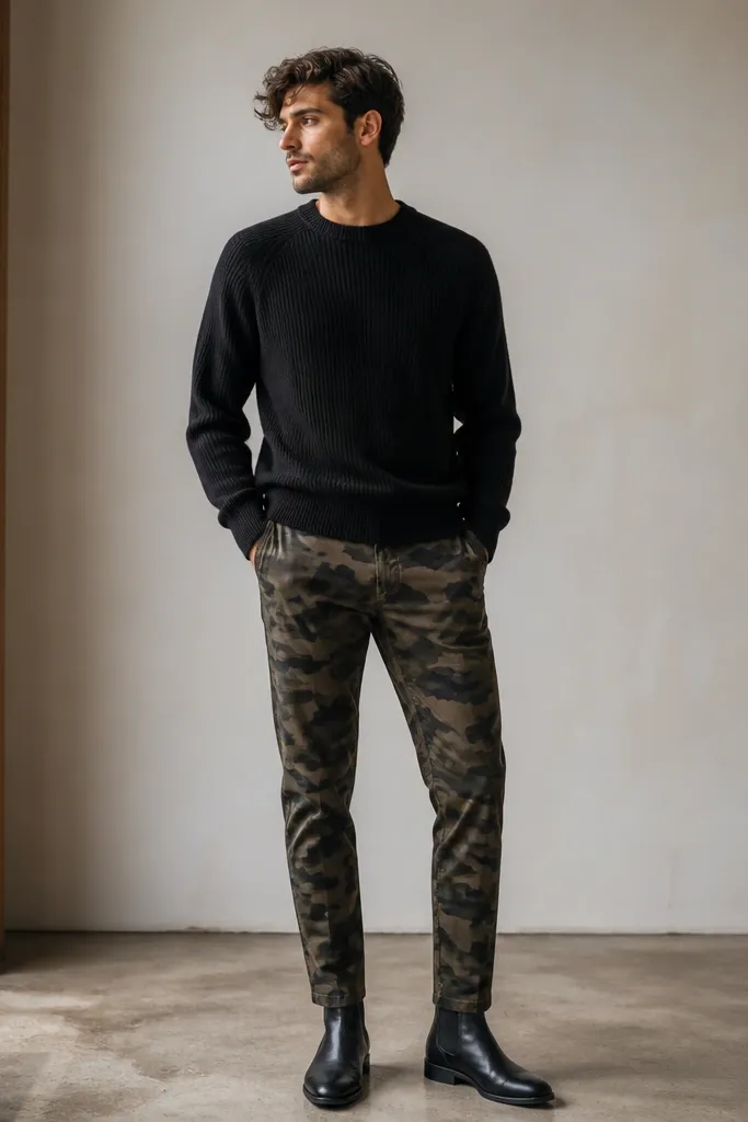 Tapered camo pants with a slight ankle break, styled with black Chelsea boots. The pants are not pooled; the fabric sits cleanly over the boot shaft.