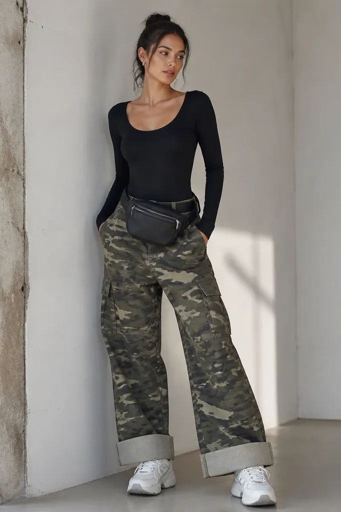 Wide-cuff camo pants paired with a fitted black bodysuit tucked fully. Chunky white-and-gray sneakers and a belt bag are shown, with visible waistband alignment.
