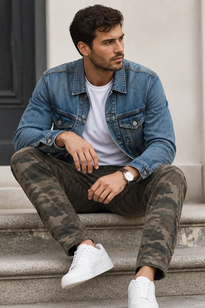 Camo pants styled with a medium-wash denim jacket over a solid white tee. The look includes a simple watch and white sneakers; the denim stitching and camo pattern are both clearly visible.