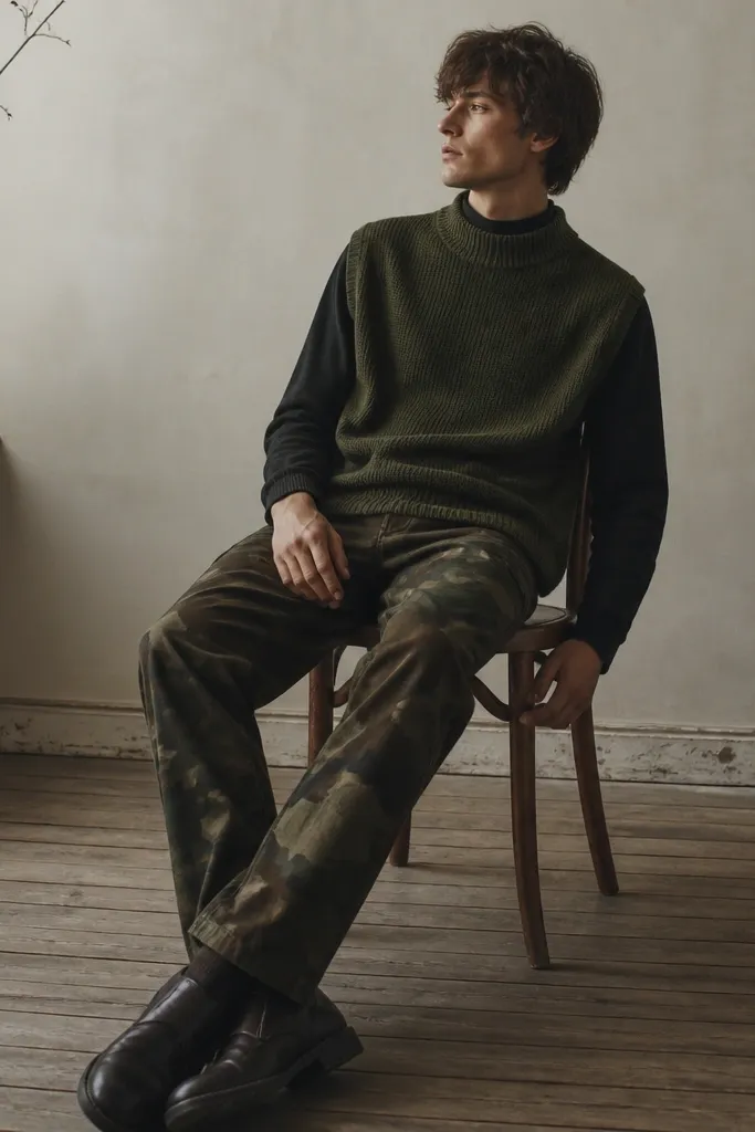 Camo pants with a monochrome olive sweater vest over a dark long-sleeve base layer. Minimal accessories and dark loafers or boots are visible; the outfit shows layering depth.
