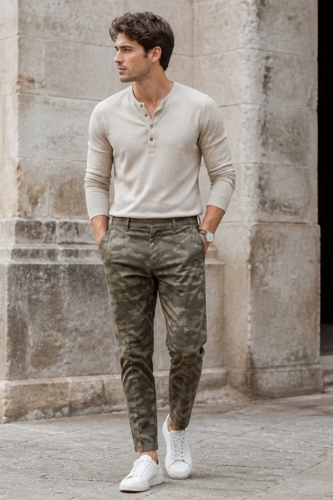 Light stone-colored henley shirt tucked into camo pants with a relaxed taper, white low-top sneakers, and a thin wristwatch; the outfit is photographed outdoors in daylight.