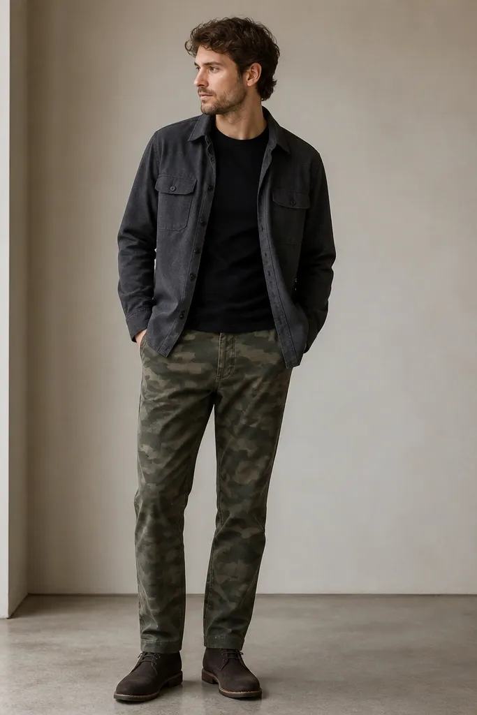 Charcoal utility overshirt worn open over a fitted black tee, olive camo straight-leg pants, and dark suede desert boots; neutral indoor background.