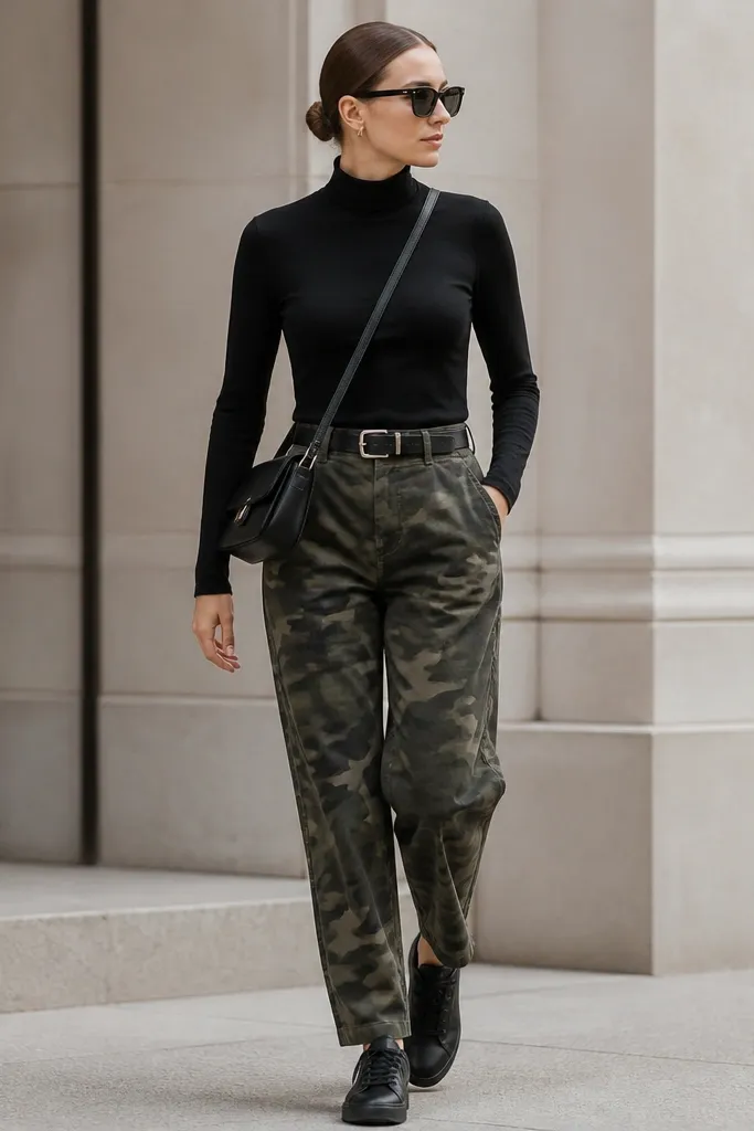 Black mock-neck top worn with camo pants, black crossbody bag, black belt, and black minimal sneakers; the photo shows a sleek, monochrome accessory setup.