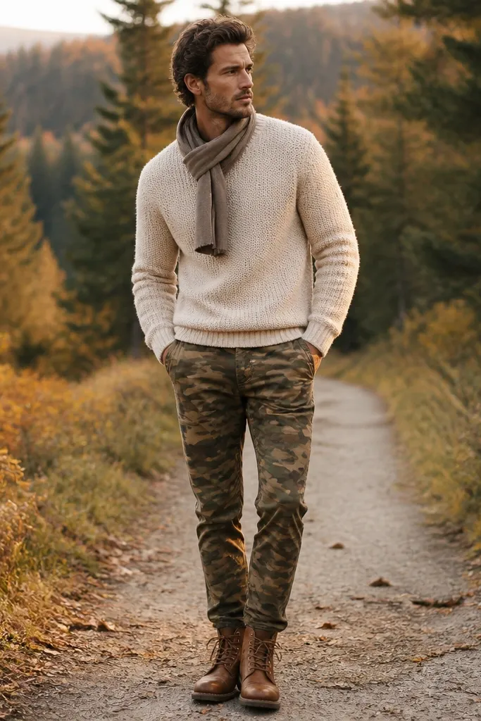 Cream knit sweater layered over tapered camo pants, with tan leather boots and a minimal scarf; soft autumn lighting.