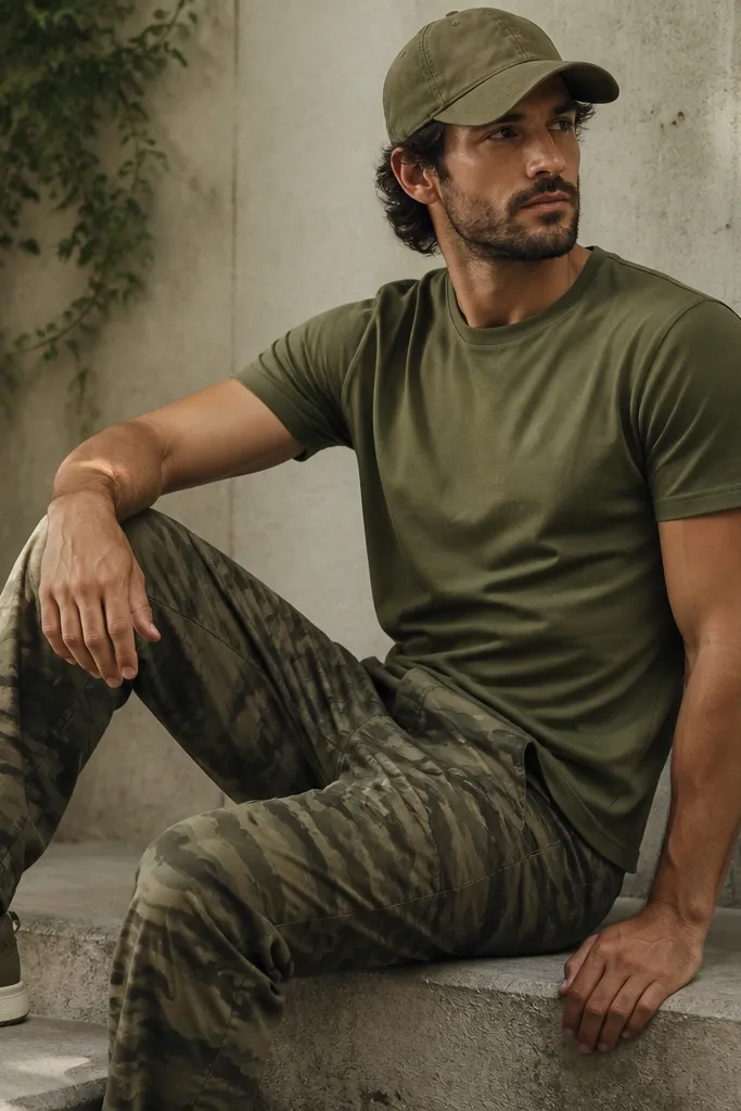 Olive crew tee paired with olive-green camo pants, olive/khaki sneakers, and a simple olive cap; the image focuses on matching greens.
