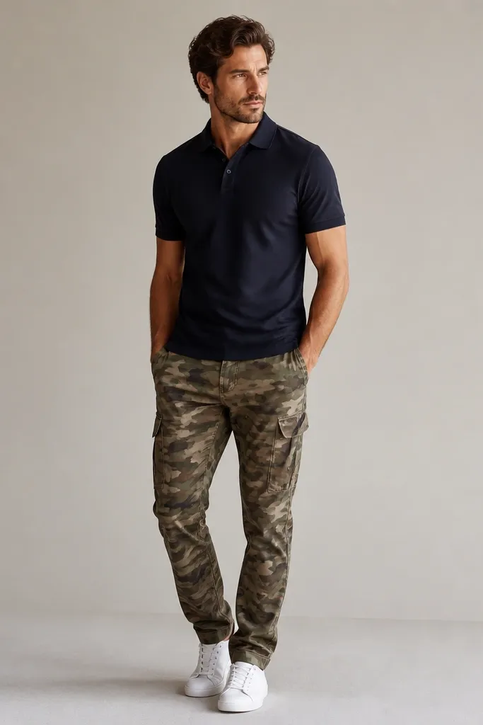 Navy polo shirt with a clean collar, camo pants, and crisp white trainers; minimal background and balanced proportions.