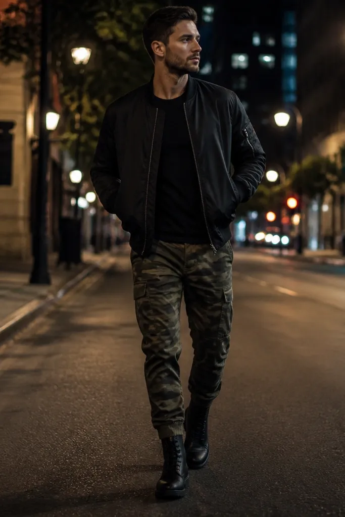 A matte black bomber jacket worn over a plain black tee, olive camo pants, matte black lace-up boots; evening city street vibe.