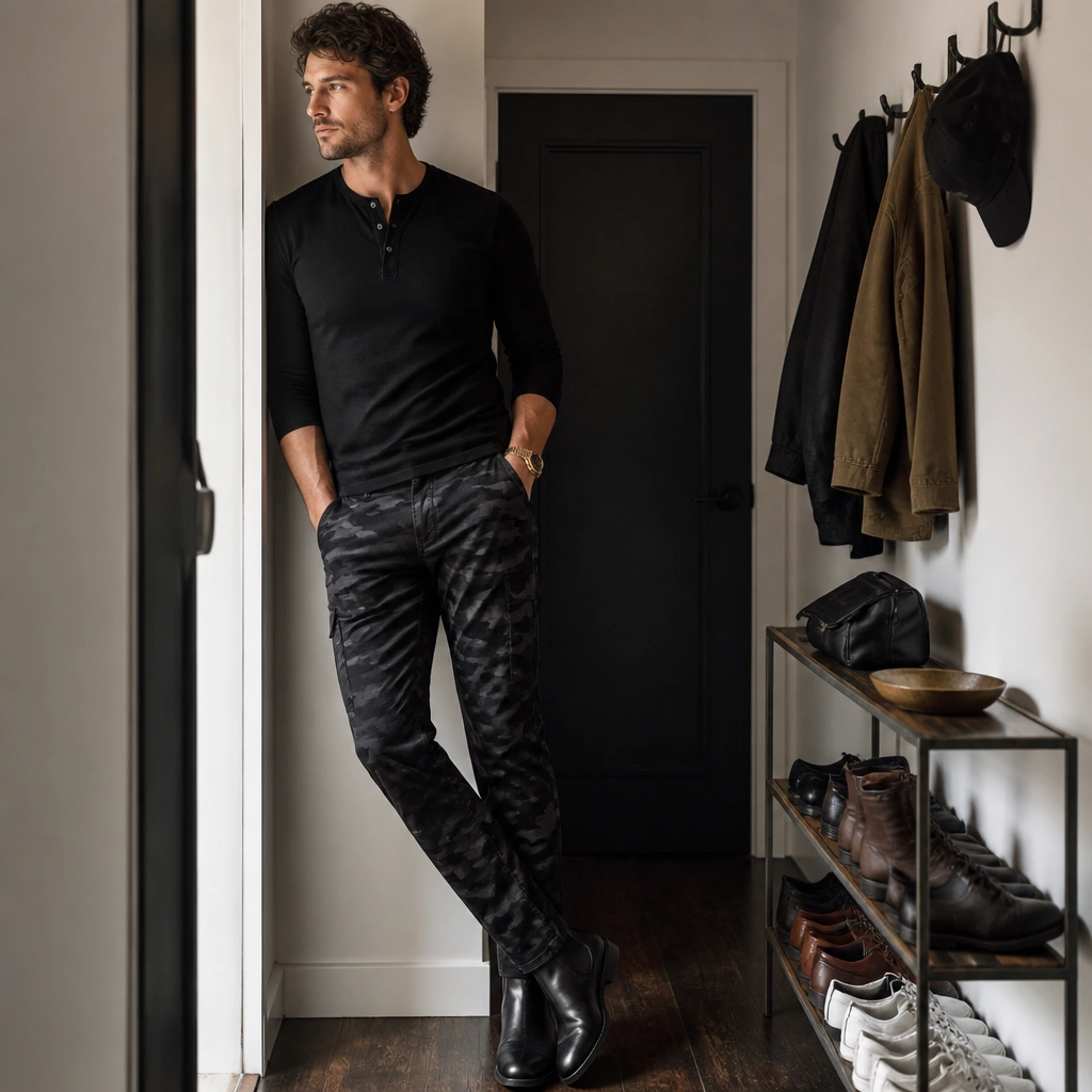 Dark camo pants paired with a black fitted henley, black Chelsea boots, and a gold wristwatch; the scene shows a narrow entryway with a shoe rack and hooks.