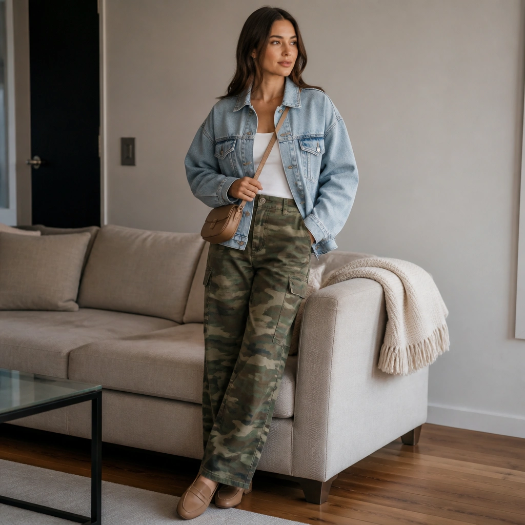 Camo pants styled with a light wash denim jacket, tan loafers, and a small crossbody bag; compact apartment couch with a folded throw blanket in the background.