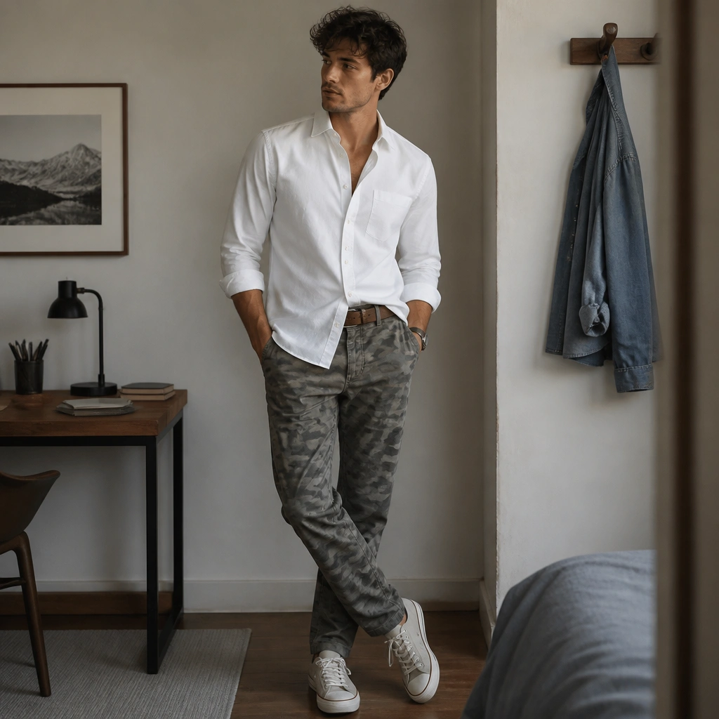 Muted camo pants with a crisp white button-down shirt half-tucked, a brown leather belt, and simple low-top sneakers; the image includes a small desk area with a hanging shirt hook.