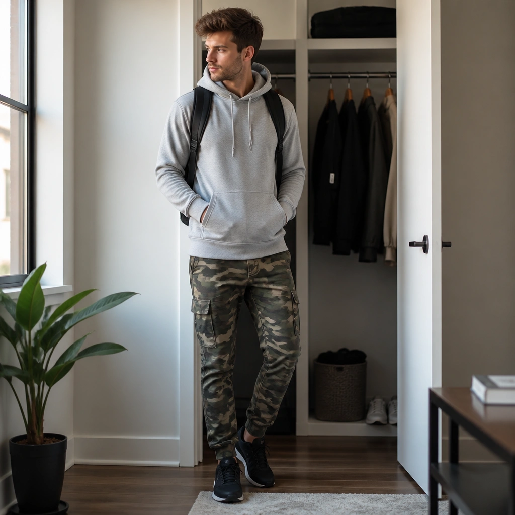 Camo pants paired with a heather gray hoodie, black athletic trainers, and a slim black backpack; background shows a small closet door with hanging space.