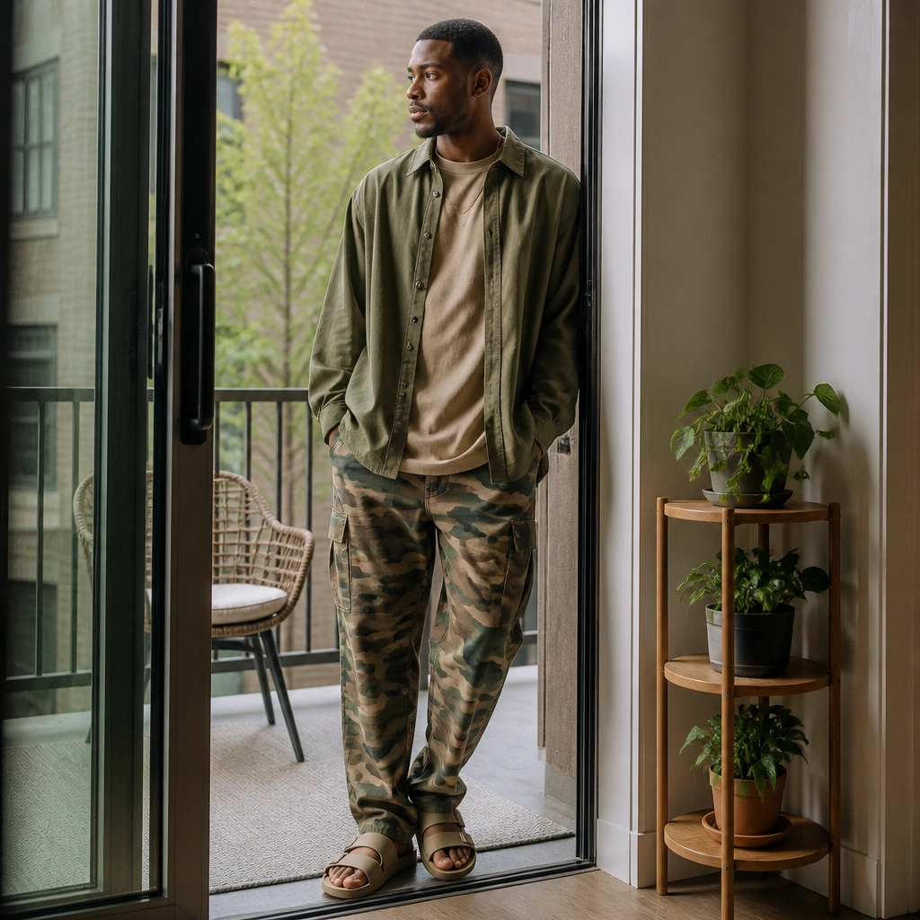 Camo pants styled with an olive overshirt over a tan oversized tee and simple tan sandals; compact apartment patio door view and a small plant stand.