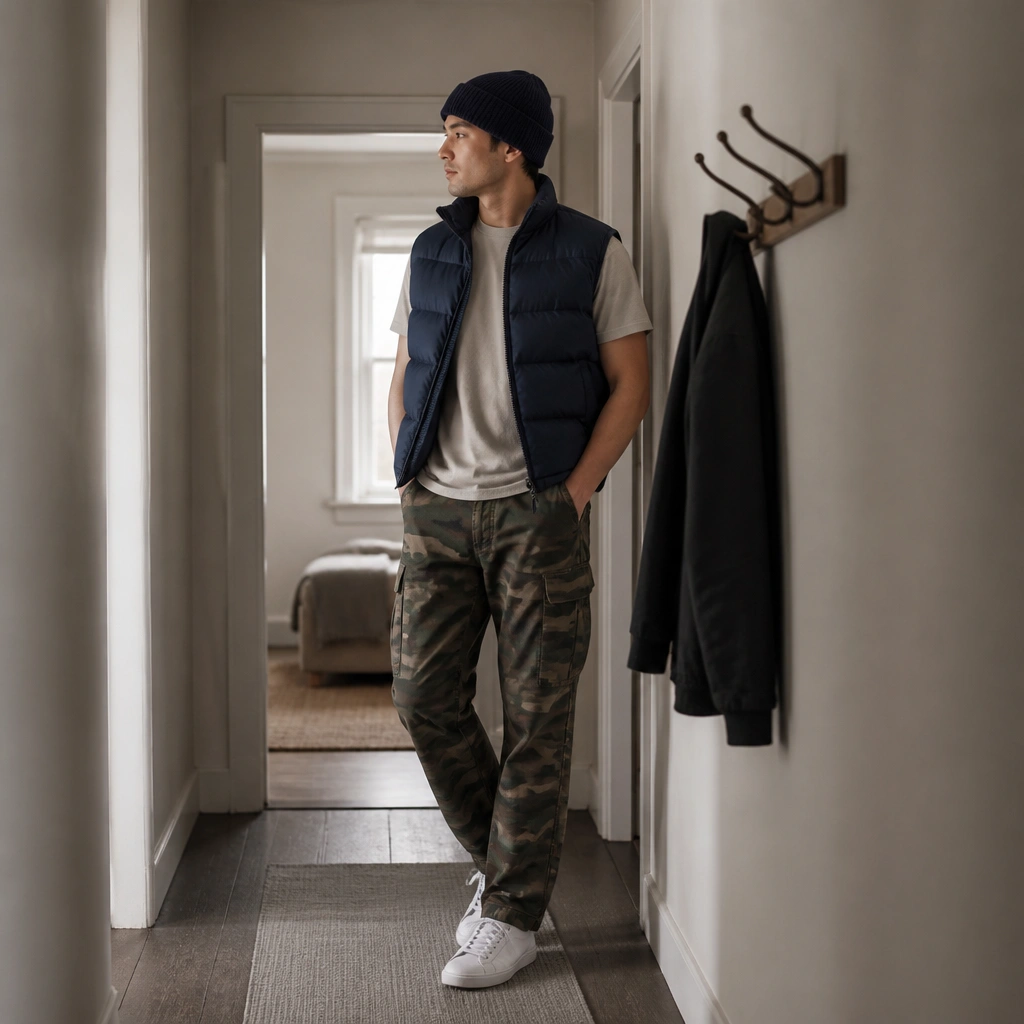 Camo pants with a navy puffer vest over a neutral tee, white sneakers, and a knit beanie; image includes a narrow hallway with a wall-mounted coat hook.