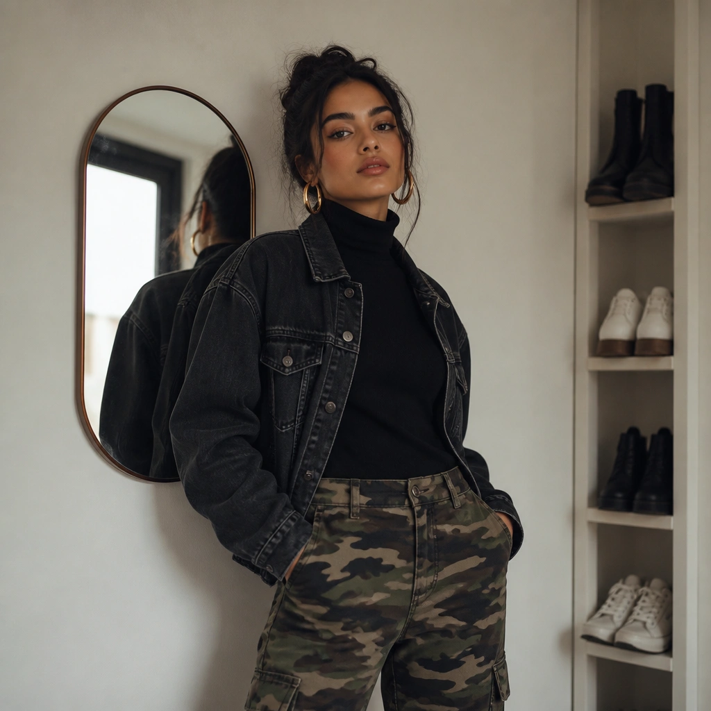 Camo pants with a black turtleneck, dark denim jacket, and visible statement hoop earrings; the background shows a small mirror and a narrow shoe shelf.