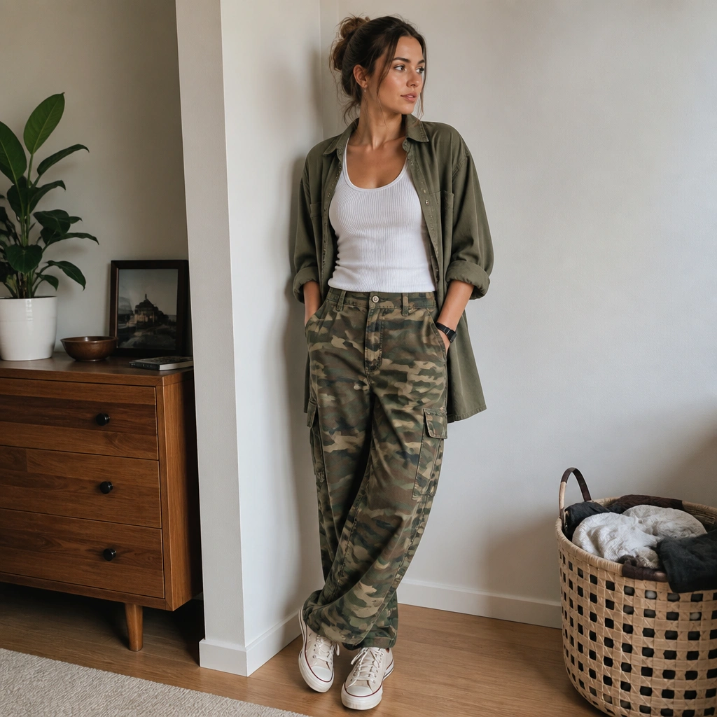 Camo pants with a white tank top, an olive utility shirt worn open, canvas sneakers, and a simple hair tie or watch; the scene shows a small apartment laundry basket and a tidy corner.