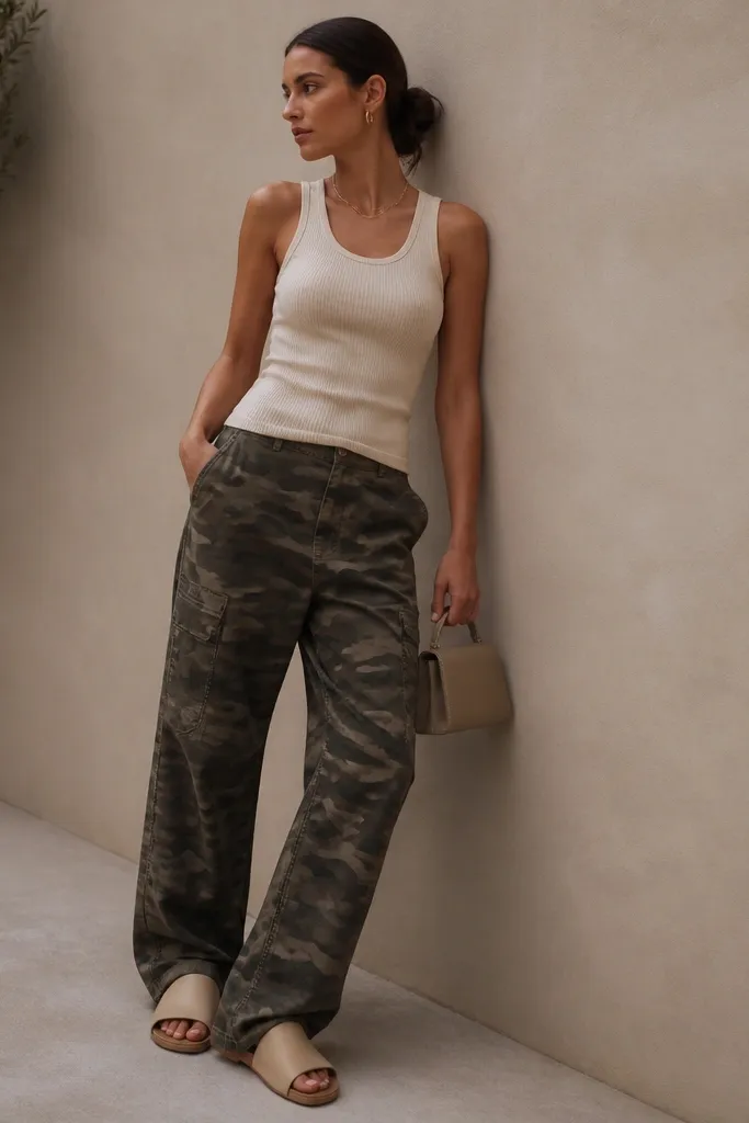 A monochrome look showing olive camo pants with a cream ribbed tank, layered with a thin gold chain; the shoes are tan slides and the bag is small and structured.