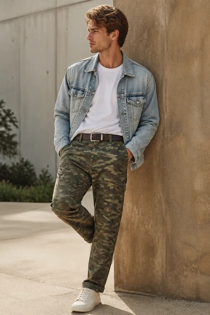 Camo pants styled with a light-wash denim jacket, a tucked white tee, and off-white leather sneakers; the photo includes a belt with a simple brushed buckle.