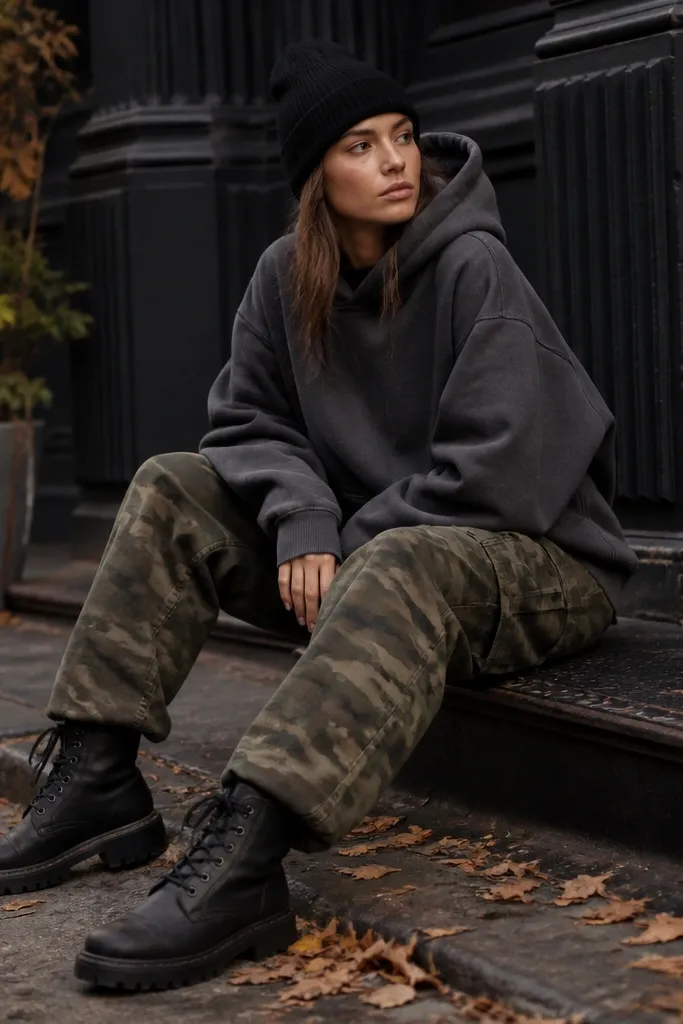 A fall street-style shot of camo pants with a charcoal hoodie, worn-in black chunky boots, and a black beanie; the hoodie is slightly oversized.