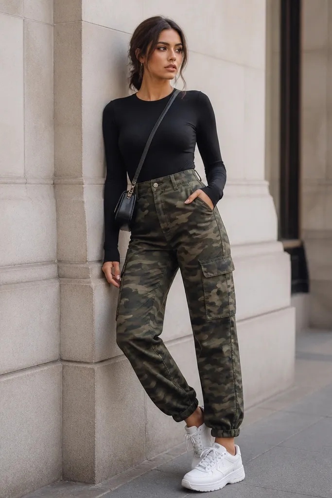 A fashion-forward look with camo pants worn high at the waist, a fitted long-sleeve bodysuit, white trainers, and a small crossbody bag; everything looks sharply outlined.