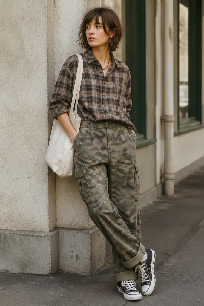 A laid-back street look with camo pants, a plaid flannel worn buttoned or half-tucked, rolled sleeves, and classic canvas sneakers; a tote bag sits at the side.