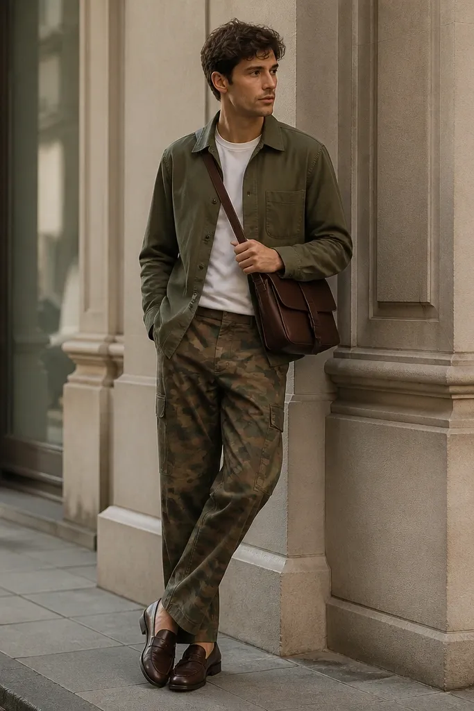 Camo pants paired with an olive overshirt layered over a white tee, brown leather loafers, and a structured crossbody bag; the outfit looks neat and elevated.