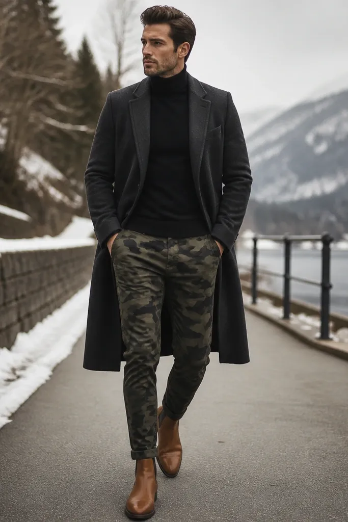 A sleek cold-weather look with camo pants, a black turtleneck, camel leather boots, and a long coat in dark gray; the silhouette is streamlined.