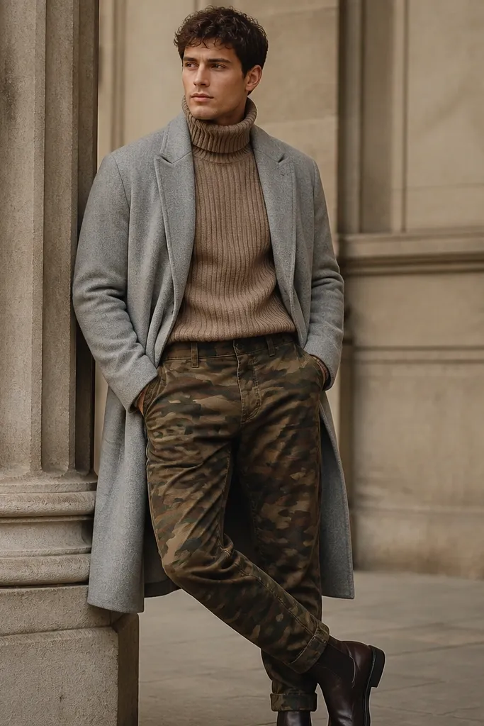 Close-to-mid shot of a person in brown-and-olive camo pants tucked into a camel rib knit turtleneck, with a long wool coat in light gray and dark leather Chelsea boots.