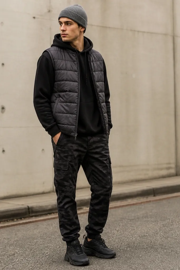 A street-style outfit featuring black camo pants paired with a charcoal quilted puffer vest, black hoodie underneath, and a heather-gray knit beanie; dark sneakers complete the look.